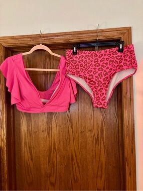 High-Waist Pink Leopard Bikini Set - Women Swim Bikinis